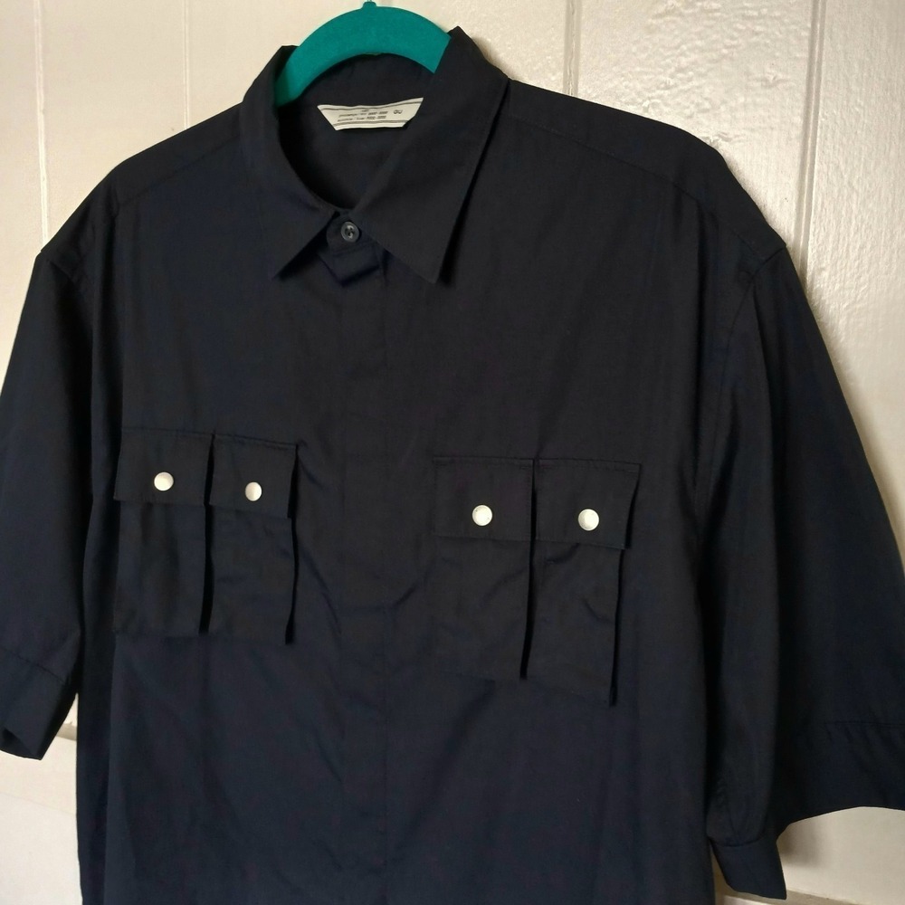 GU Button Up Shirt‎ Oversized Boxy Fit Men's Medium Black Snap Pockets Uniqlo